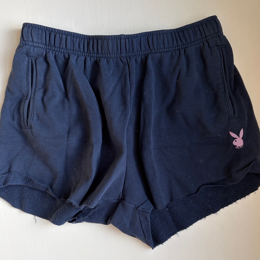 PLAYBOY Navy Women's Athletic Lounge Shorts with Pink Bunny Logo